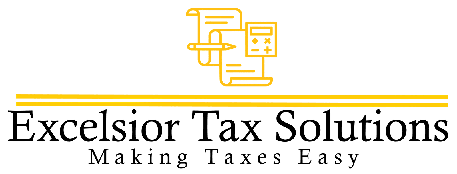 Exelsior Tax Solutions logo with professional black and yellow design.
